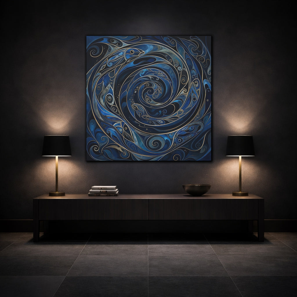 Mockup 3. Animals Fish Blue And Gold shown as stretched canvas wall art