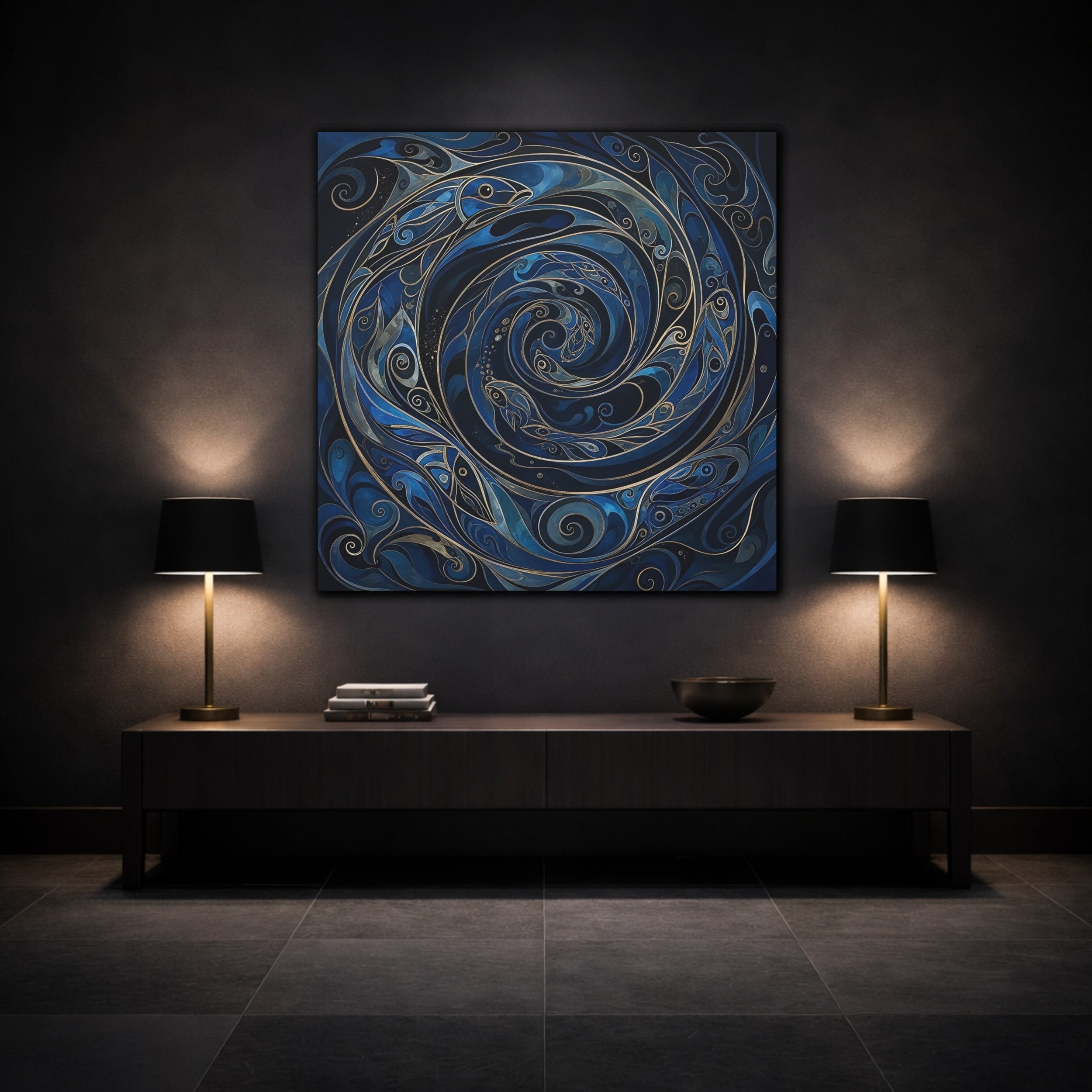 Mockup 3. Animals Fish Blue And Gold shown as stretched canvas wall art
