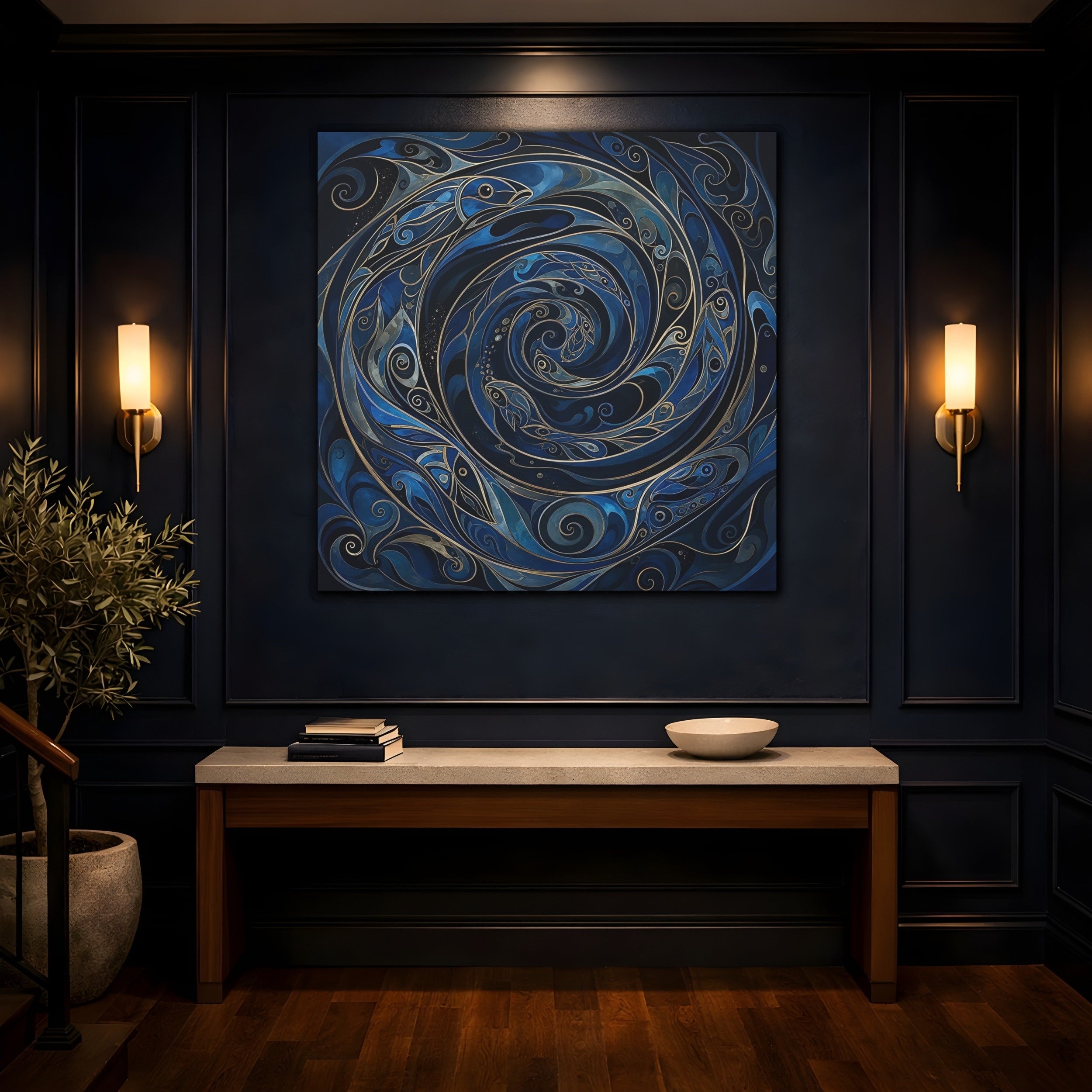 Mockup 4. Animals Fish Blue And Gold shown as stretched canvas wall art