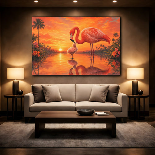 Mockup 2. Animals Flamingo Family Pink Flamingos Sunset shown as stretched canvas wall art