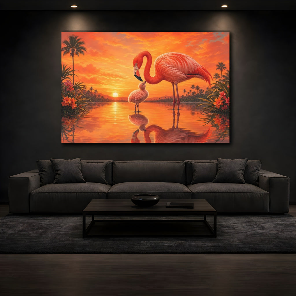 Mockup 3. Animals Flamingo Family Pink Flamingos Sunset shown as stretched canvas wall art