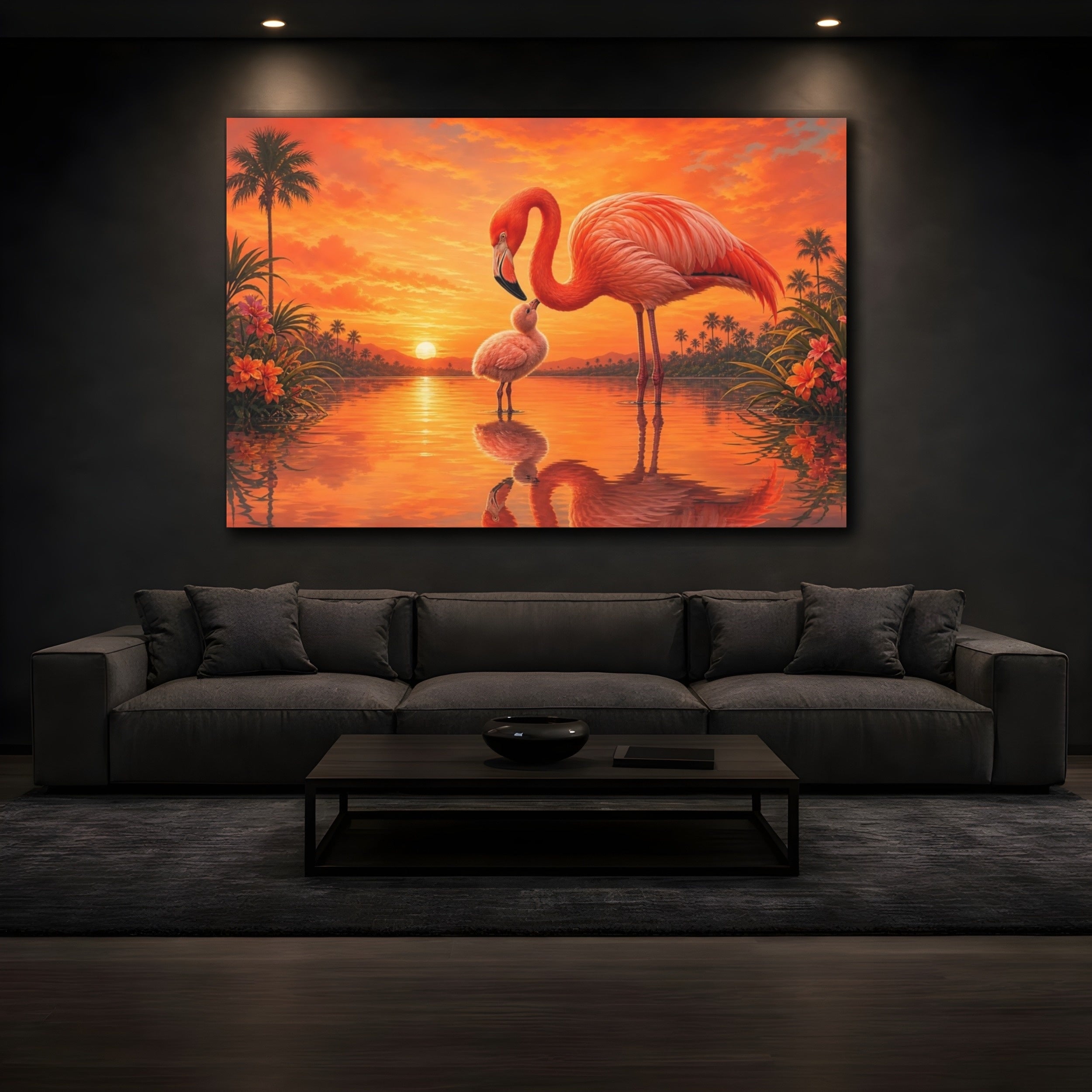 Mockup 3. Animals Flamingo Family Pink Flamingos Sunset shown as stretched canvas wall art