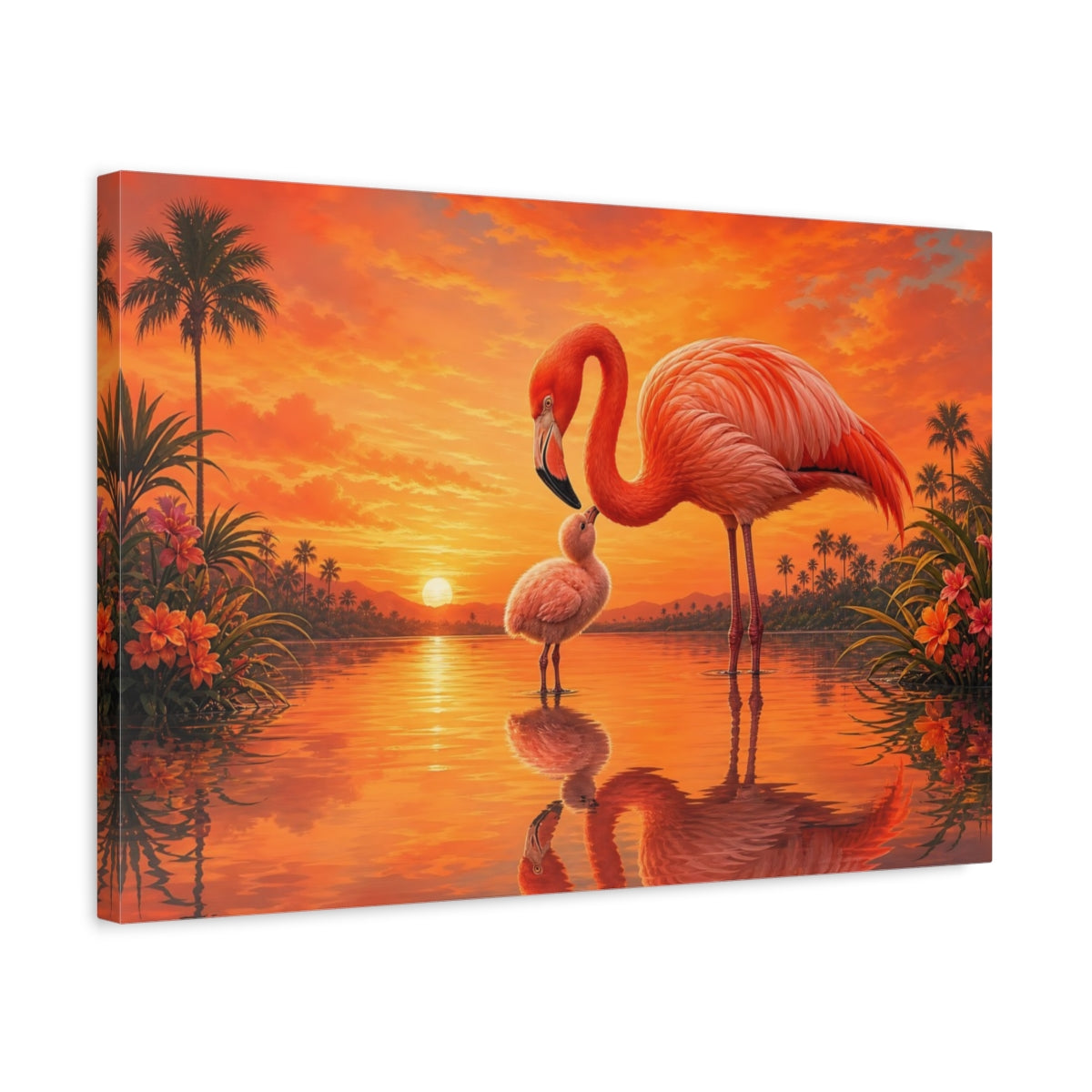 Side Mockup 3. Animals Flamingo Family Pink Flamingos Sunset shown as stretched canvas wall art