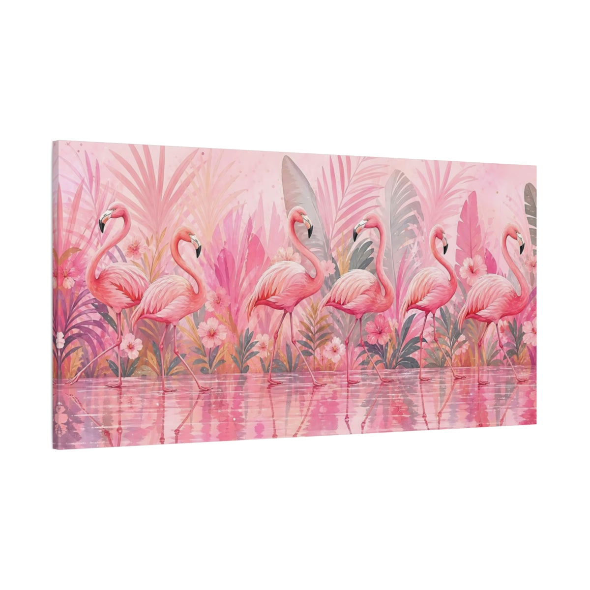 Side Mockup 2. Animals Flamingos Pink Flamingos shown as stretched canvas wall art