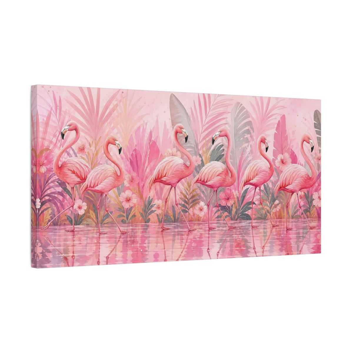 Side Mockup 1. Animals Flamingos Pink Flamingos shown as stretched canvas wall art
