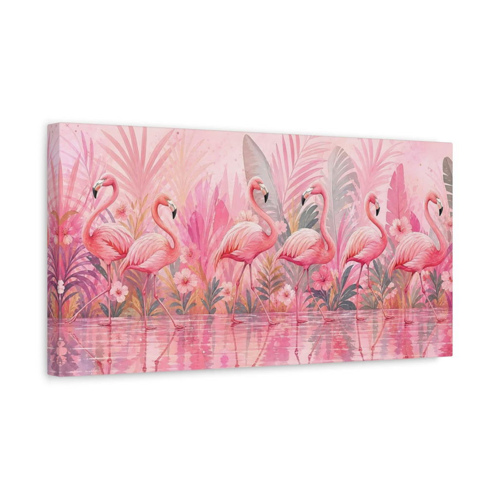 Side Mockup 3. Animals Flamingos Pink Flamingos shown as stretched canvas wall art