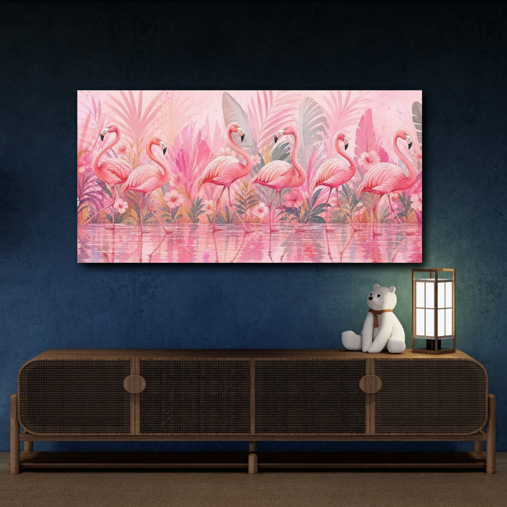 Mockup 4. Animals Flamingos Pink Flamingos shown as stretched canvas wall art