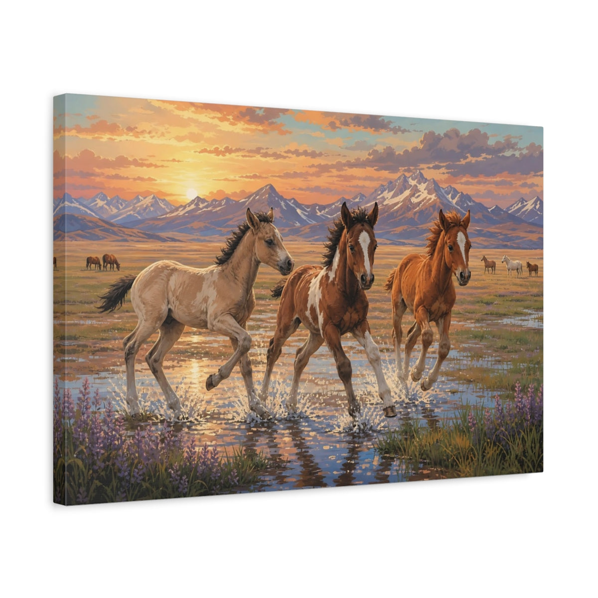 Side Mockup 3. Animals Foals Running Wild Horses Sunset shown as canvas print
