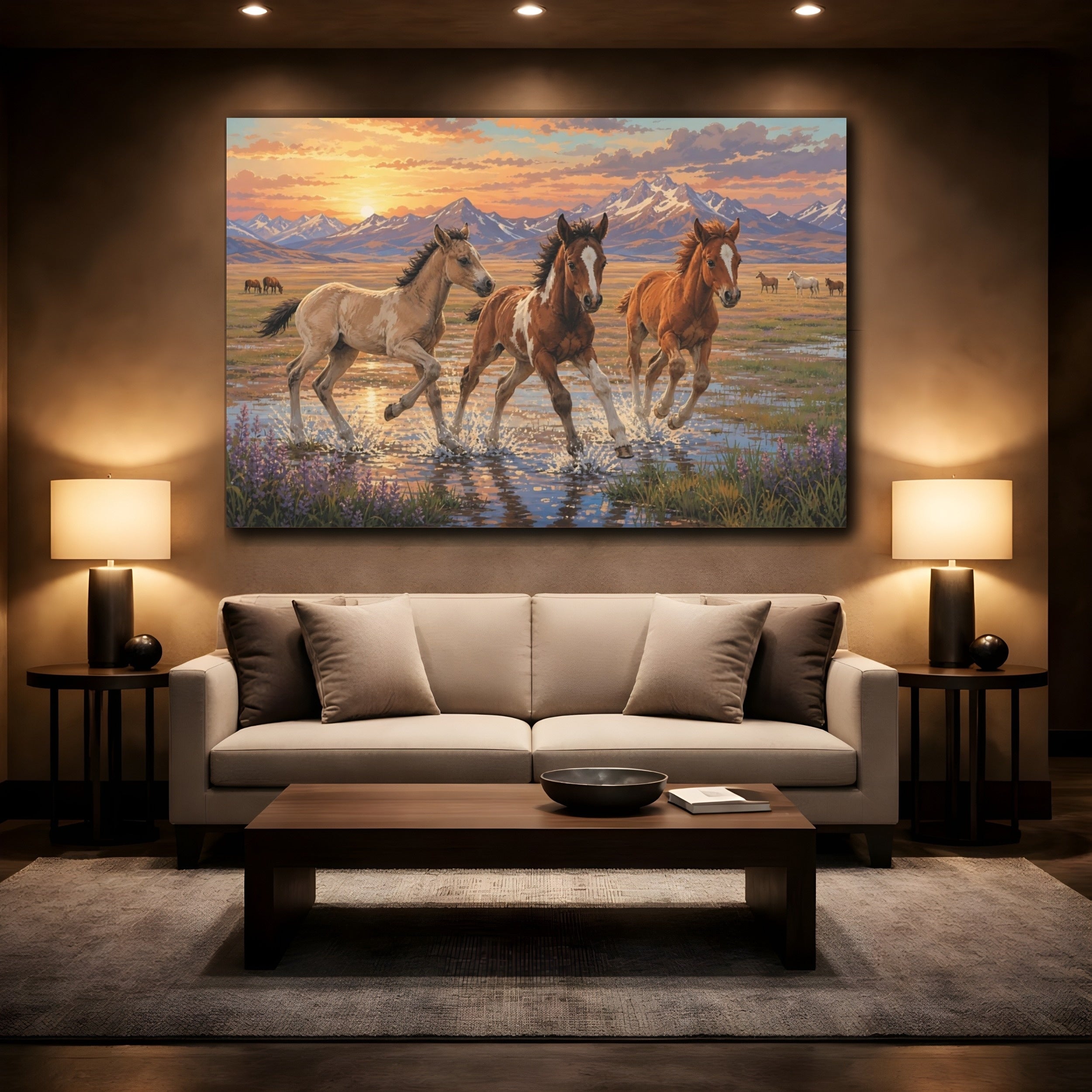 Mockup 2. Animals Foals Running Wild Horses Sunset shown as canvas print