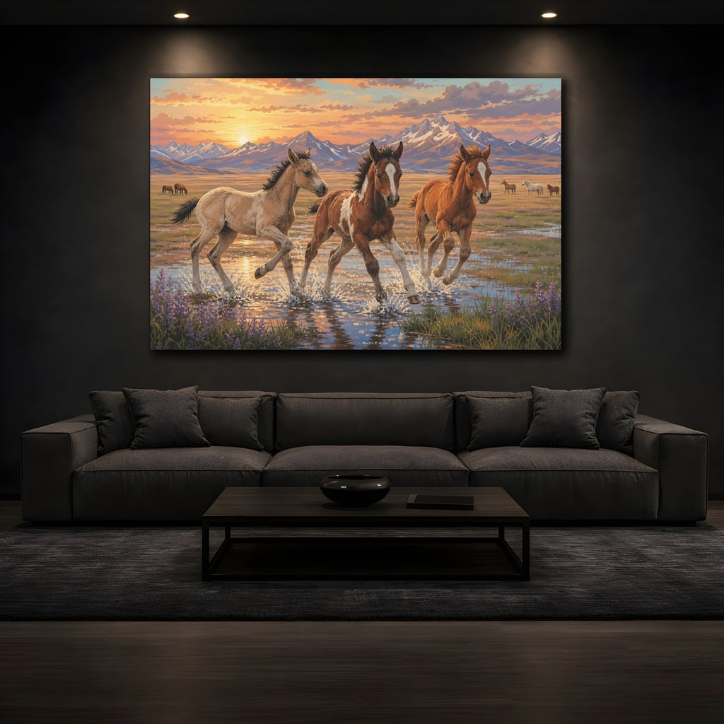 Mockup 3. Animals Foals Running Wild Horses Sunset shown as canvas print
