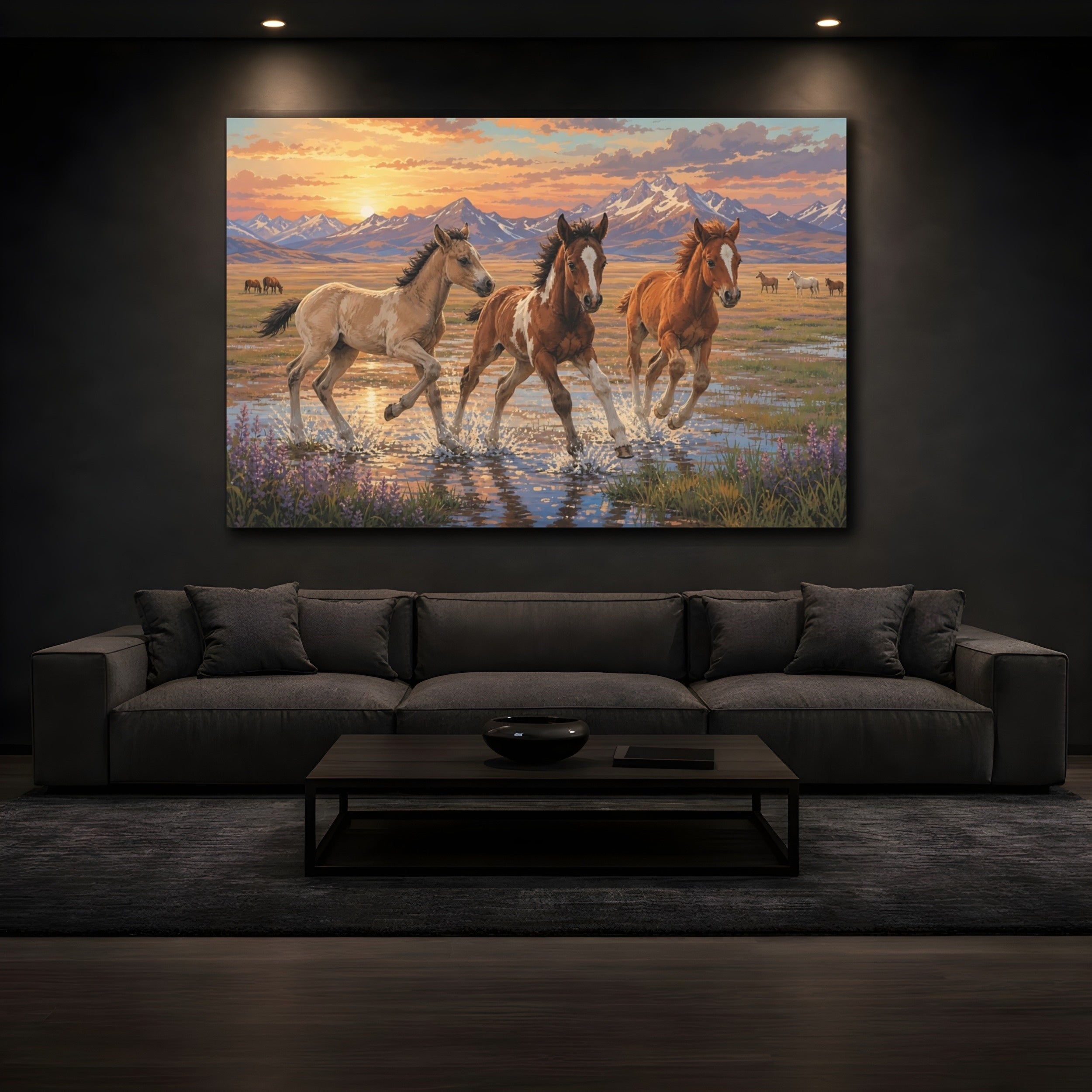Mockup 3. Animals Foals Running Wild Horses Sunset shown as canvas print