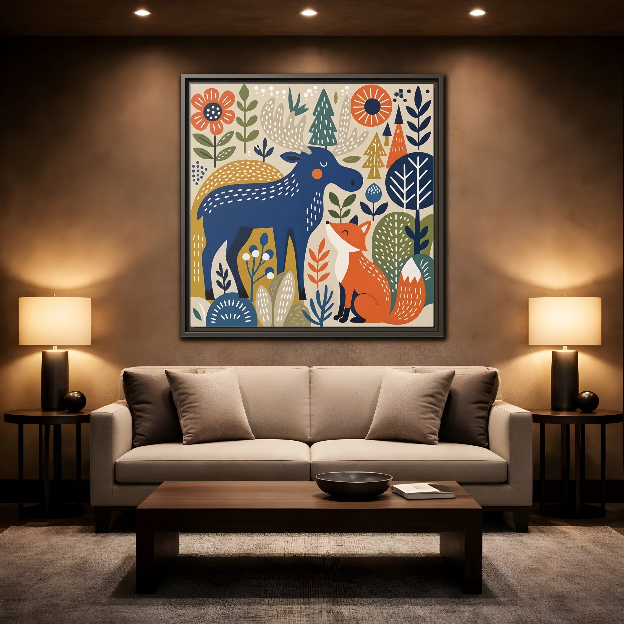 Mockup 2. Animals Forest Animals Blue Orange Forest Animals shown as stretched canvas wall art