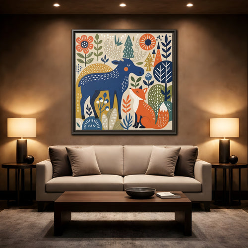 Mockup 2. Animals Forest Animals Blue Orange Forest Animals shown as stretched canvas wall art