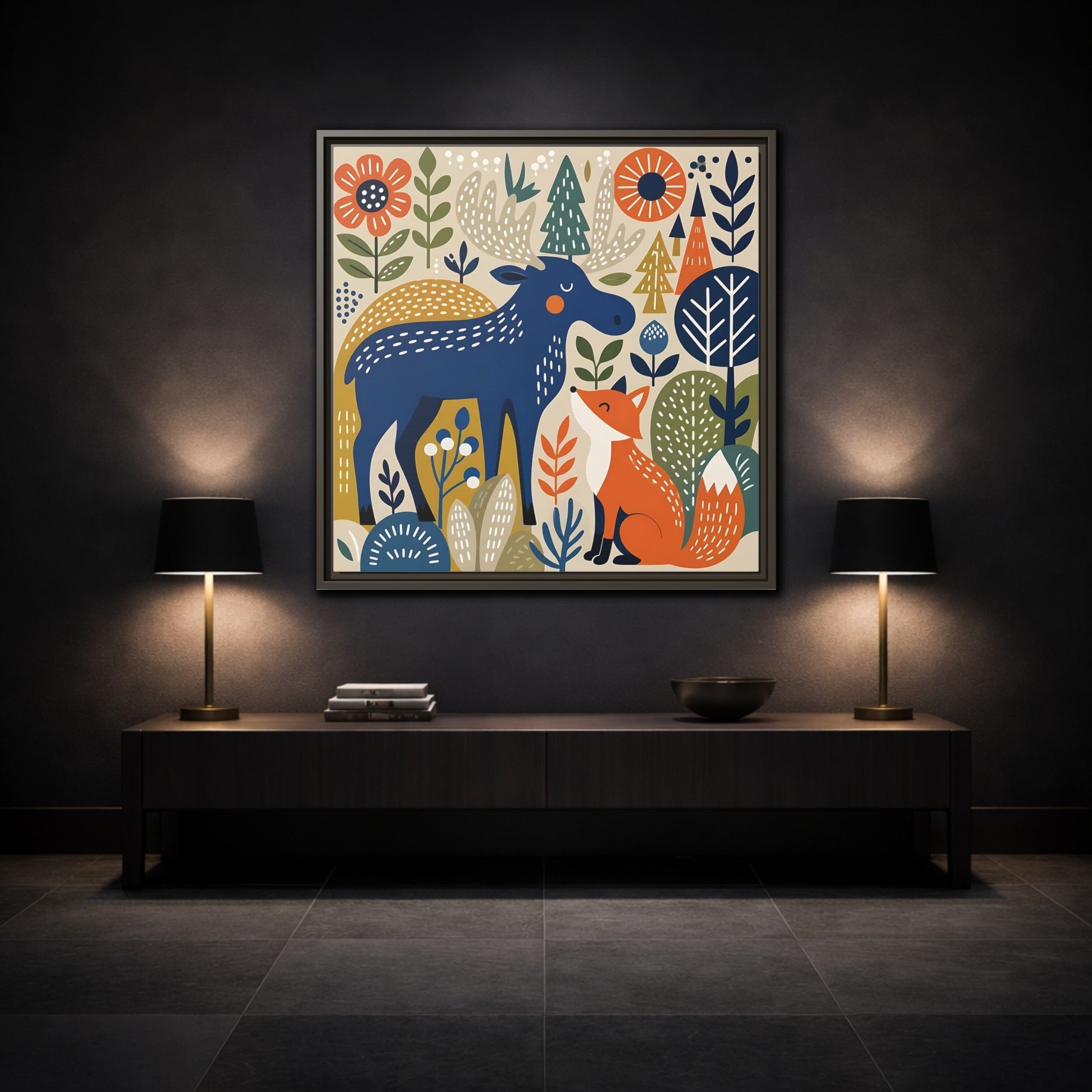 Mockup 3. Animals Forest Animals Blue Orange Forest Animals shown as stretched canvas wall art