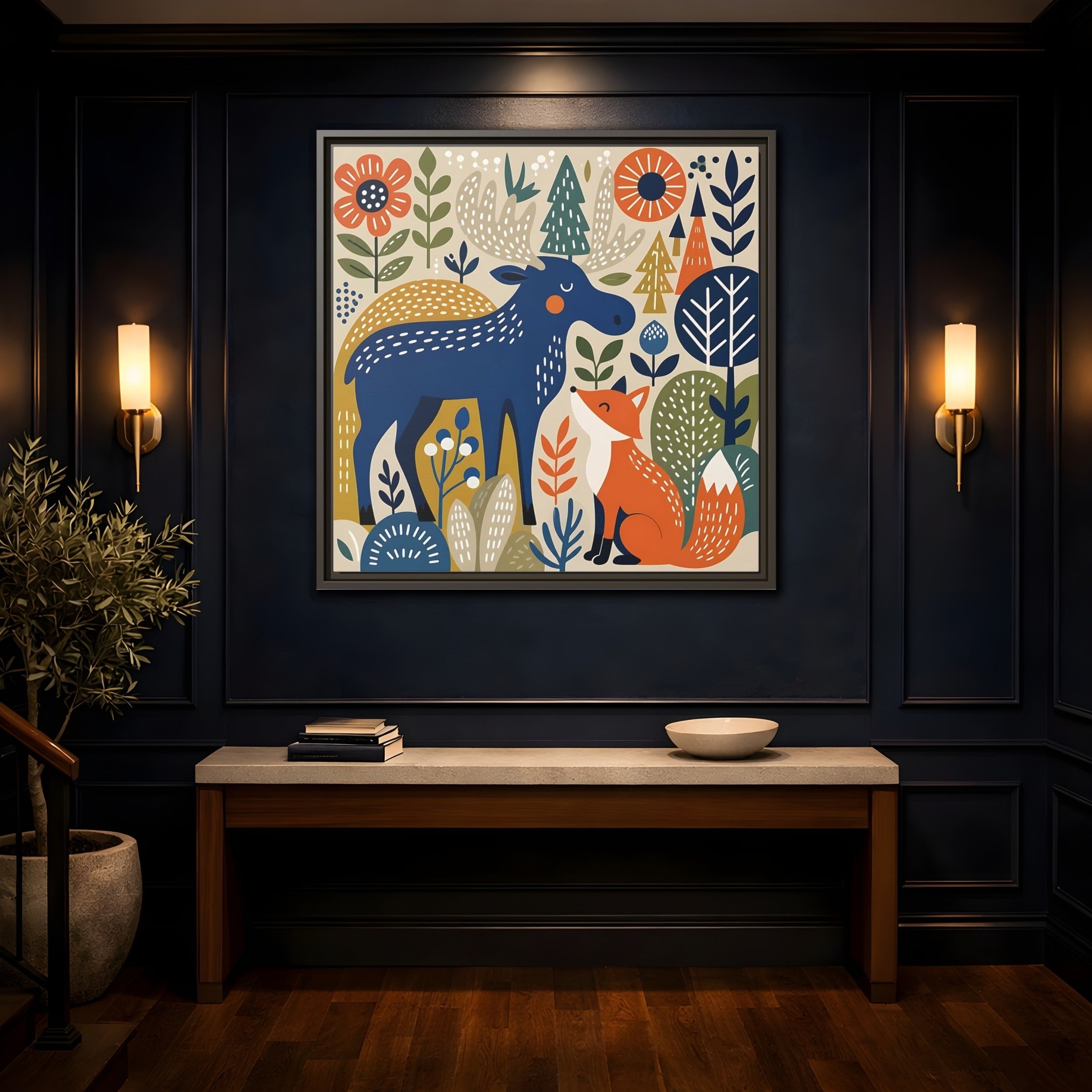 Mockup 4. Animals Forest Animals Blue Orange Forest Animals shown as stretched canvas wall art