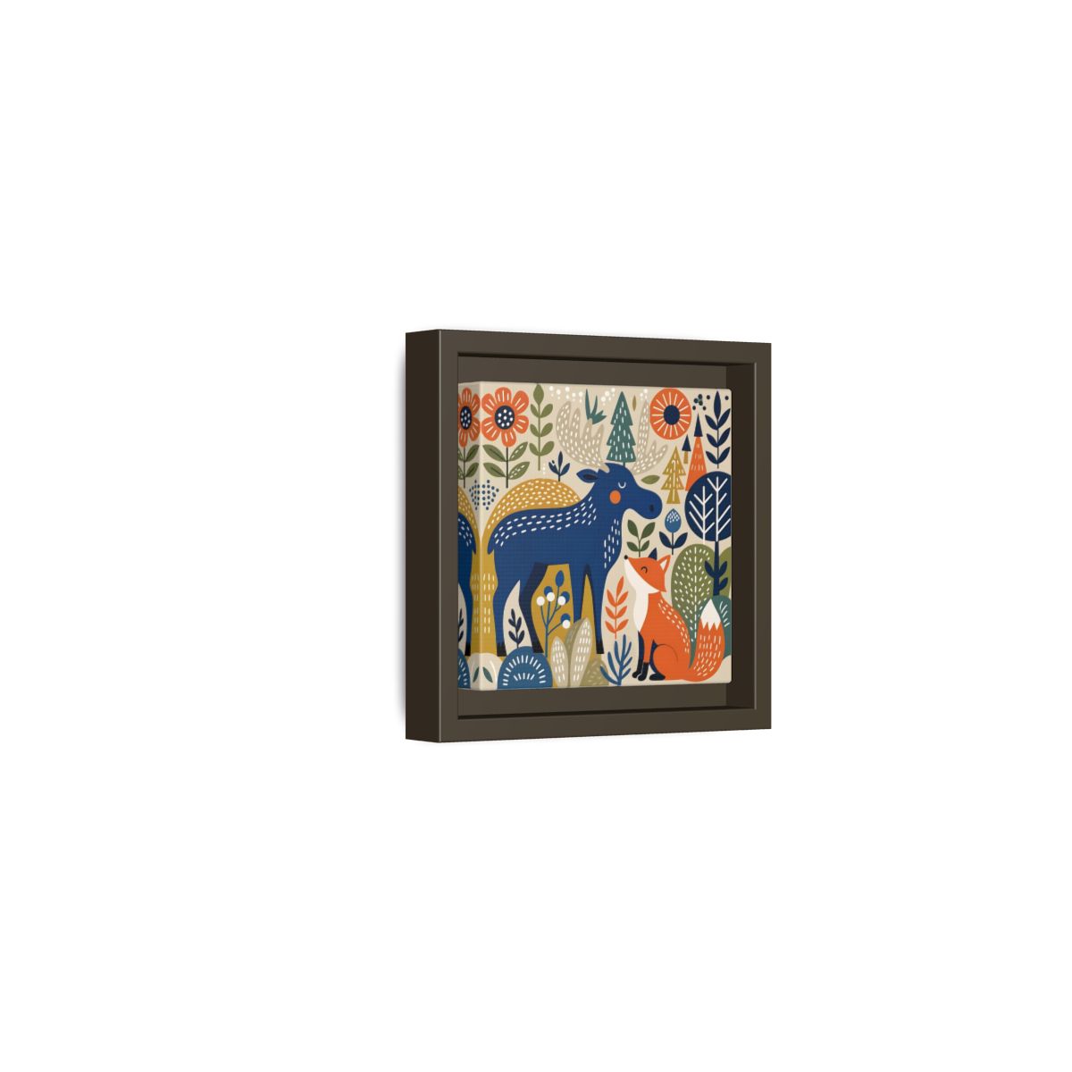 Side Mockup 23. Animals Forest Animals Blue Orange Forest Animals shown as stretched canvas wall art