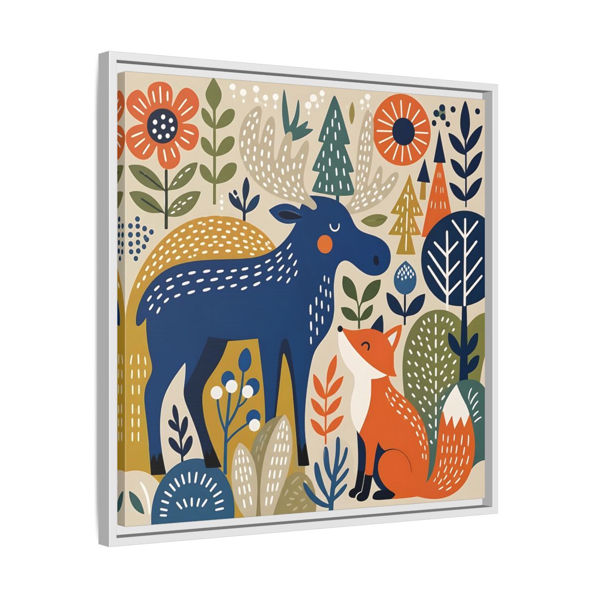 Side Mockup 26. Animals Forest Animals Blue Orange Forest Animals shown as stretched canvas wall art