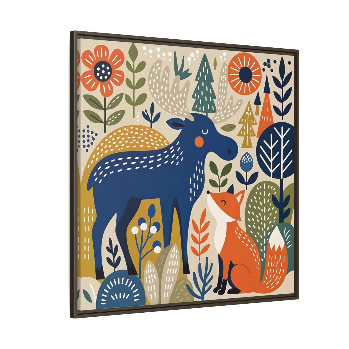 Side Mockup 5. Animals Forest Animals Blue Orange Forest Animals shown as stretched canvas wall art