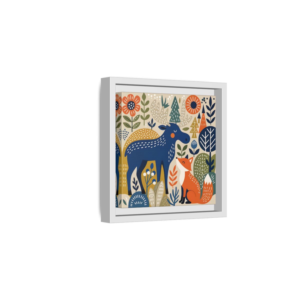 Side Mockup 1. Animals Forest Animals Blue Orange Forest Animals shown as stretched canvas wall art