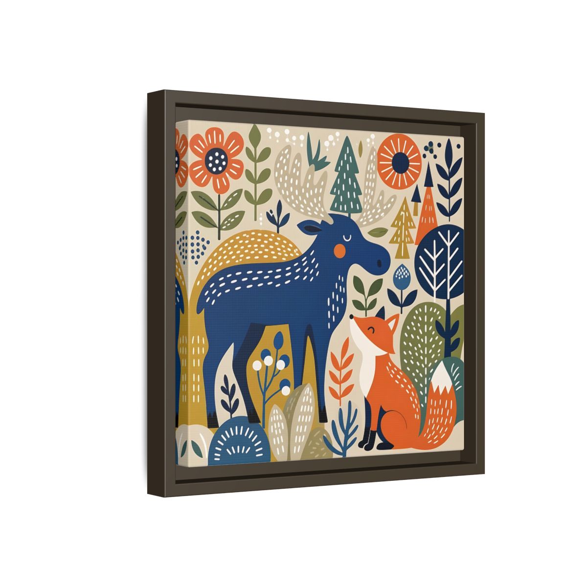 Side Mockup 17. Animals Forest Animals Blue Orange Forest Animals shown as stretched canvas wall art