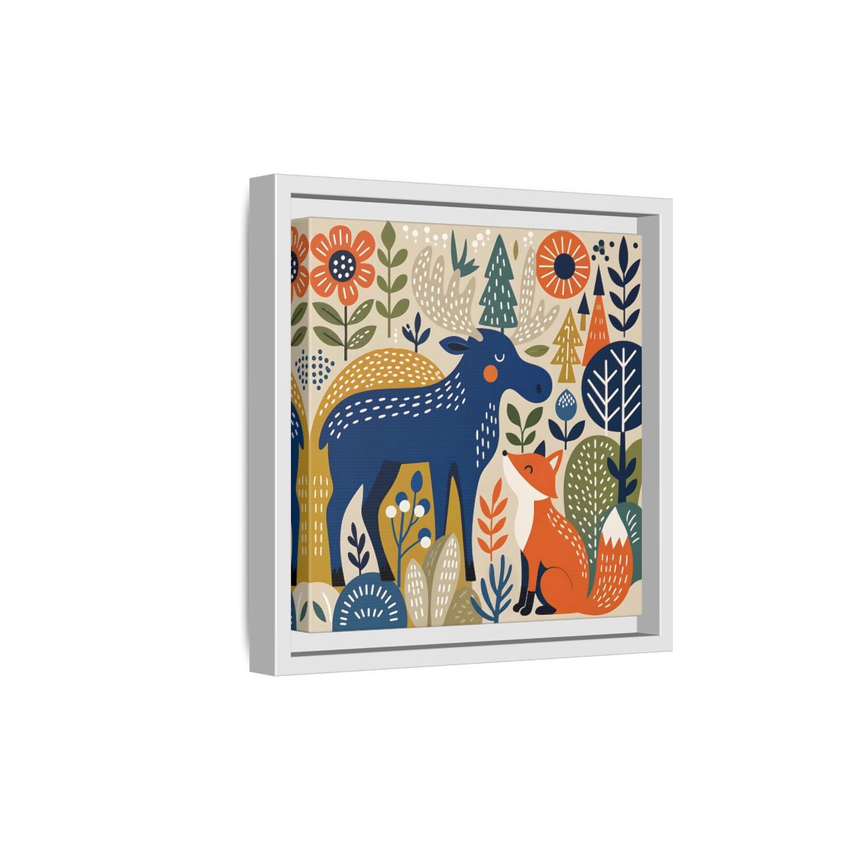 Side Mockup 19. Animals Forest Animals Blue Orange Forest Animals shown as stretched canvas wall art