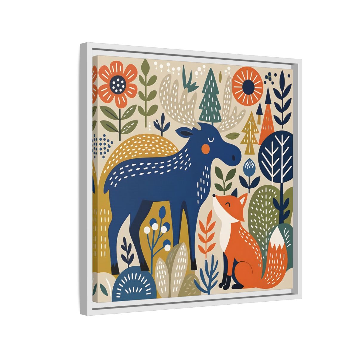Side Mockup 10. Animals Forest Animals Blue Orange Forest Animals shown as stretched canvas wall art
