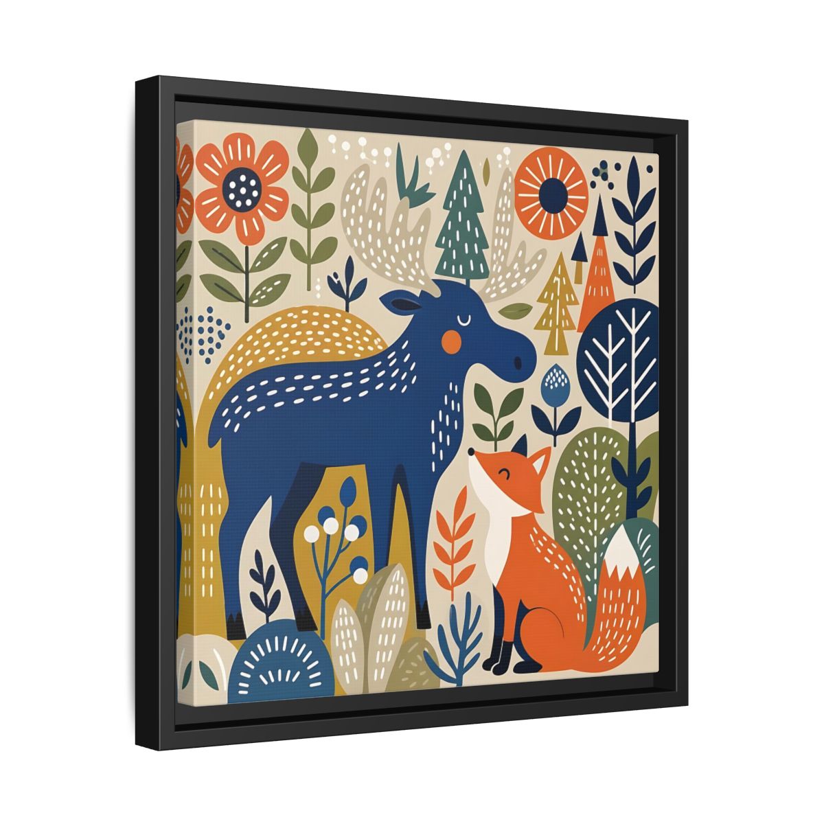 Side Mockup 32. Animals Forest Animals Blue Orange Forest Animals shown as stretched canvas wall art