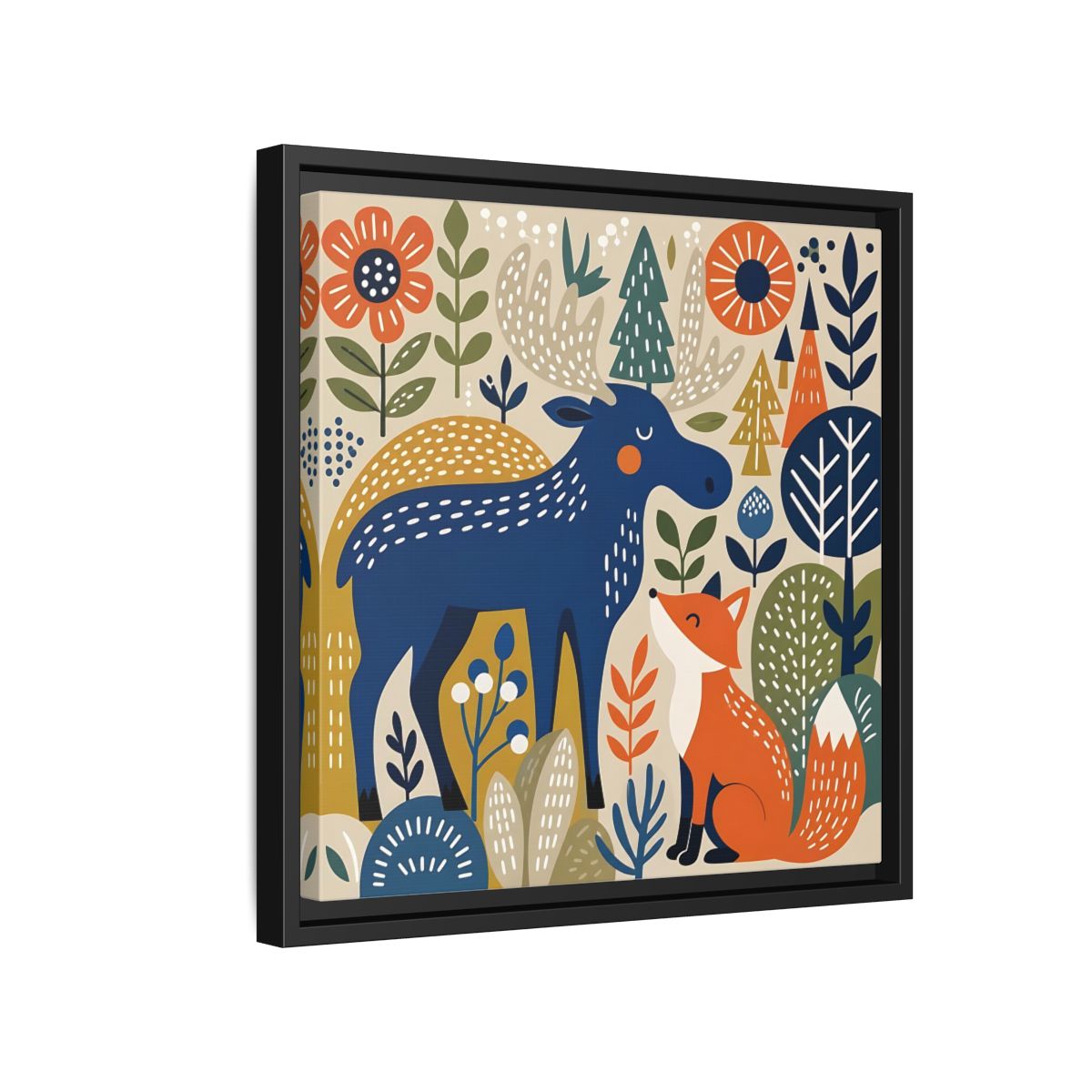 Side Mockup 15. Animals Forest Animals Blue Orange Forest Animals shown as stretched canvas wall art