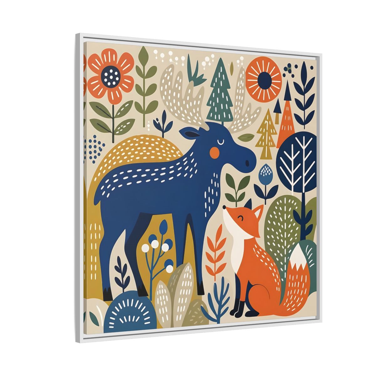 Side Mockup 4. Animals Forest Animals Blue Orange Forest Animals shown as stretched canvas wall art