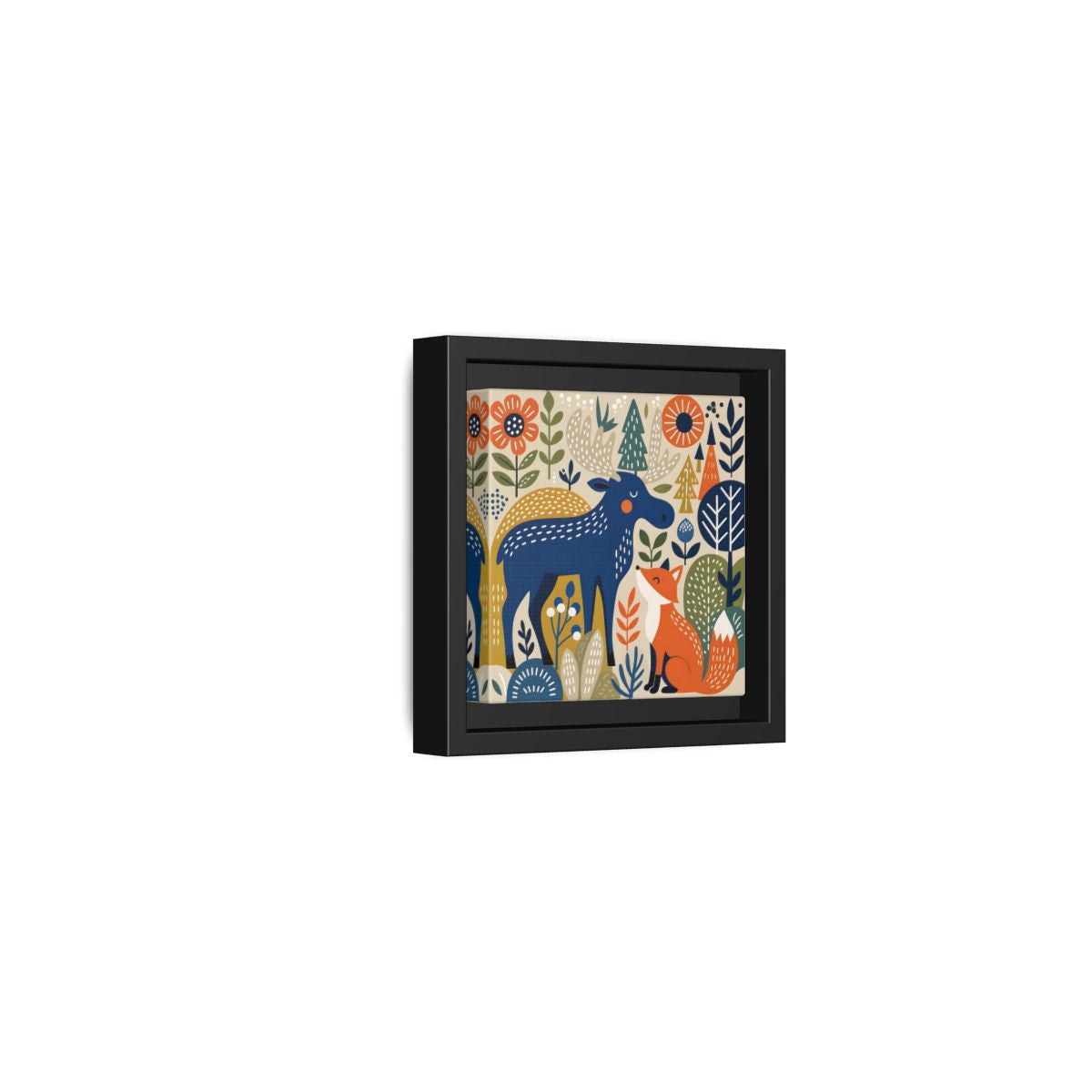 Side Mockup 24. Animals Forest Animals Blue Orange Forest Animals shown as stretched canvas wall art