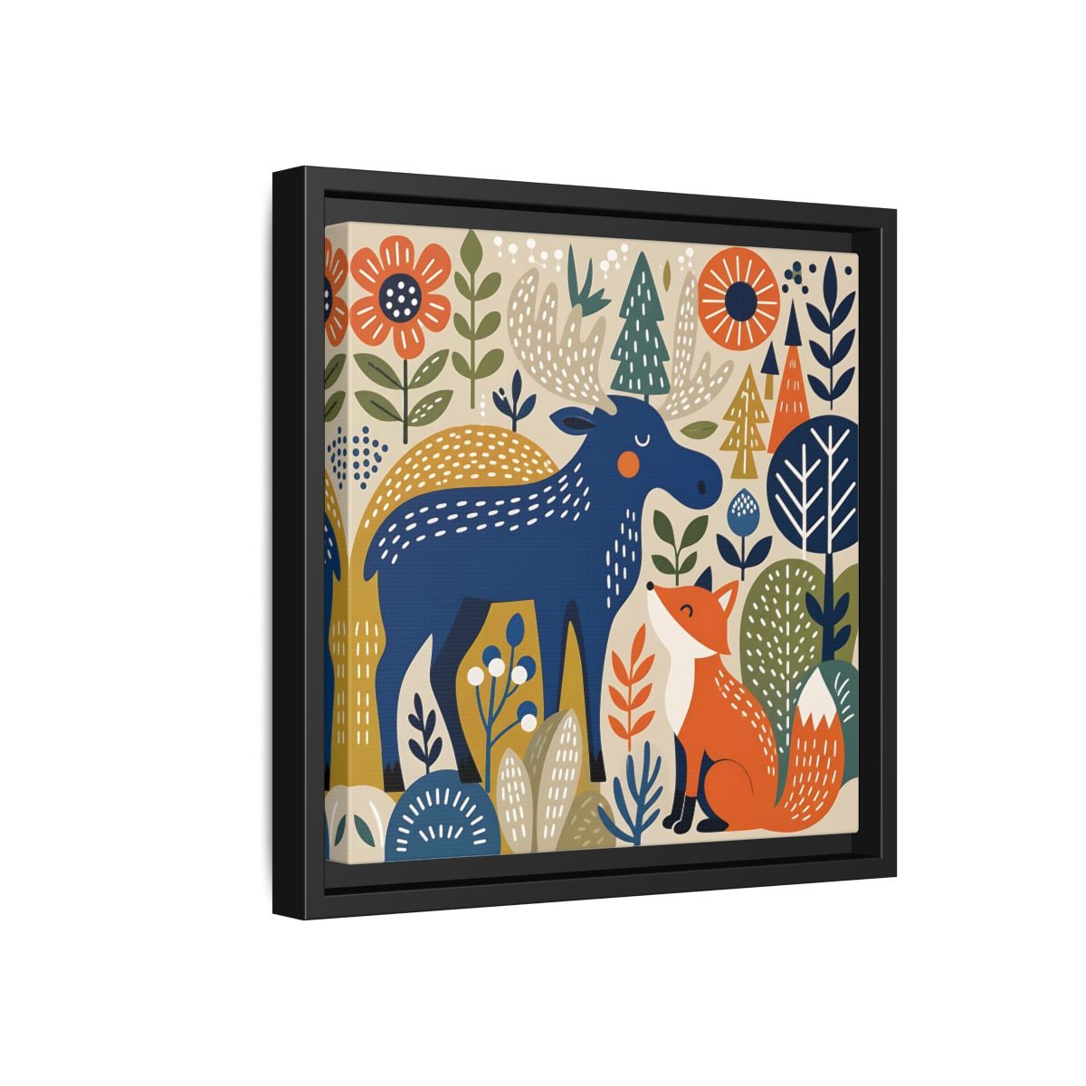 Side Mockup 18. Animals Forest Animals Blue Orange Forest Animals shown as stretched canvas wall art