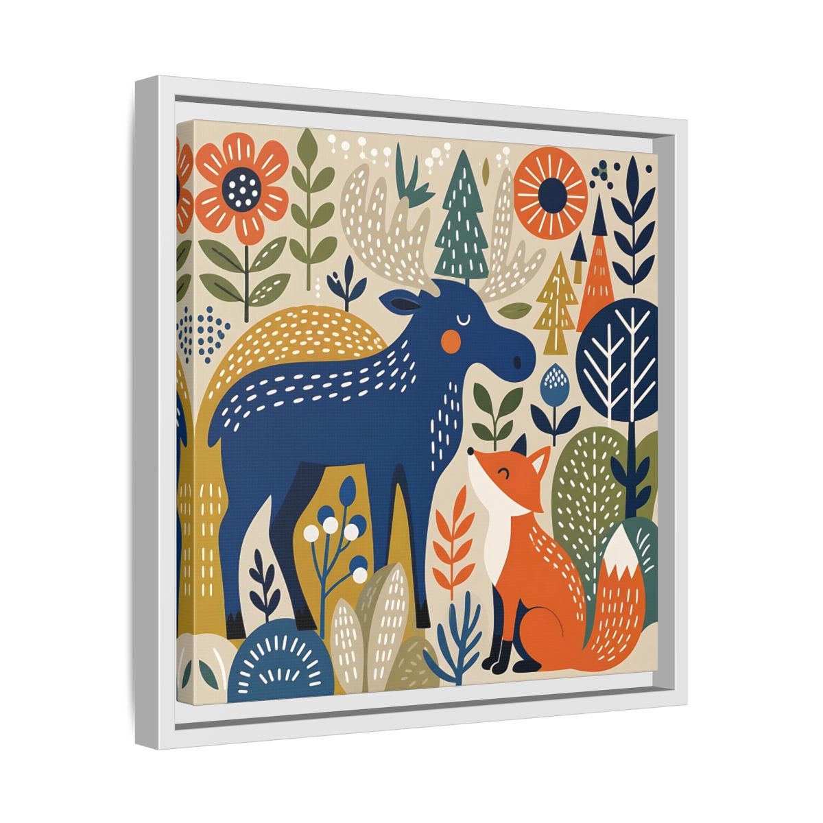 Side Mockup 28. Animals Forest Animals Blue Orange Forest Animals shown as stretched canvas wall art
