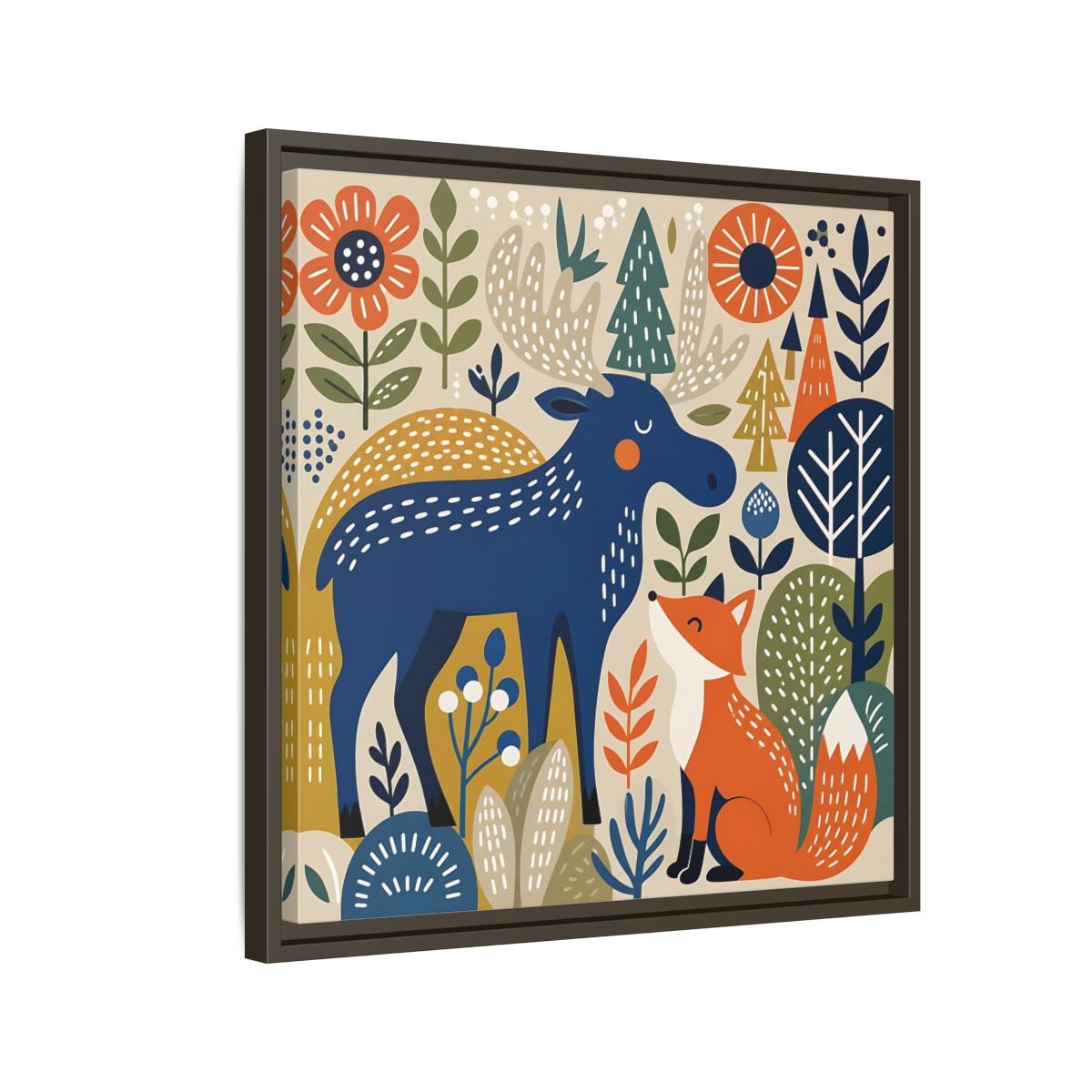 Side Mockup 11. Animals Forest Animals Blue Orange Forest Animals shown as stretched canvas wall art
