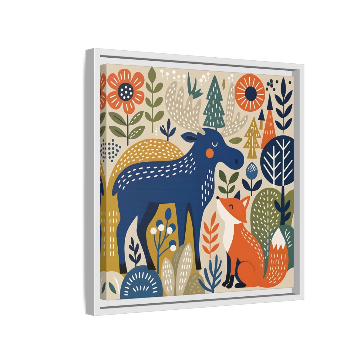 Side Mockup 13. Animals Forest Animals Blue Orange Forest Animals shown as stretched canvas wall art