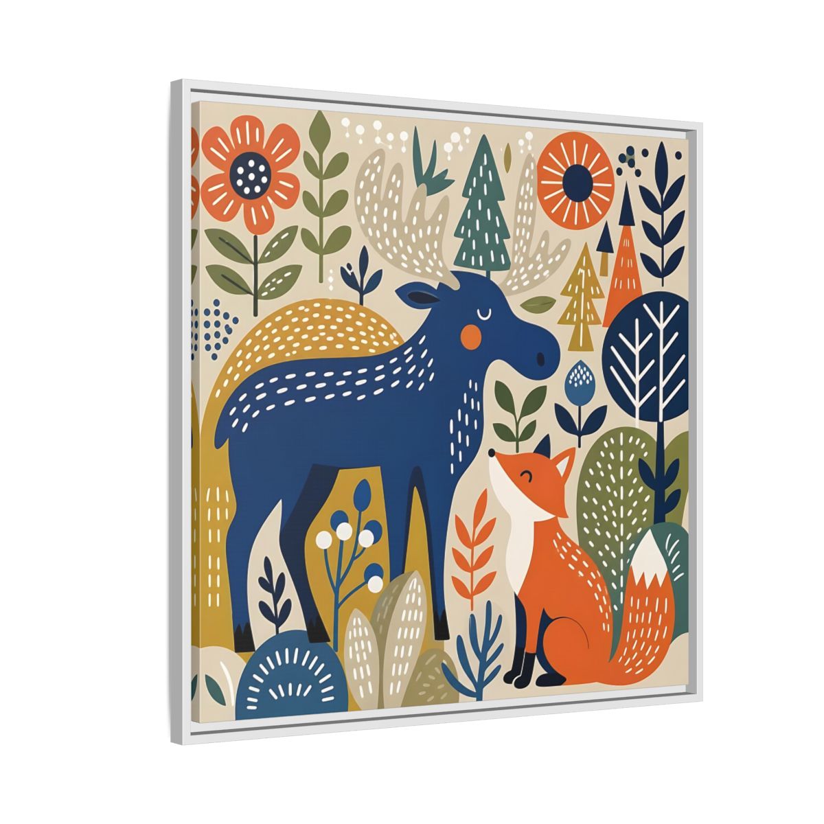 Side Mockup 7. Animals Forest Animals Blue Orange Forest Animals shown as stretched canvas wall art