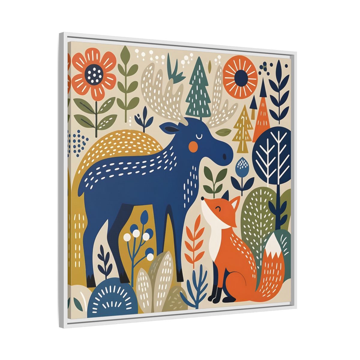 Side Mockup 25. Animals Forest Animals Blue Orange Forest Animals shown as stretched canvas wall art