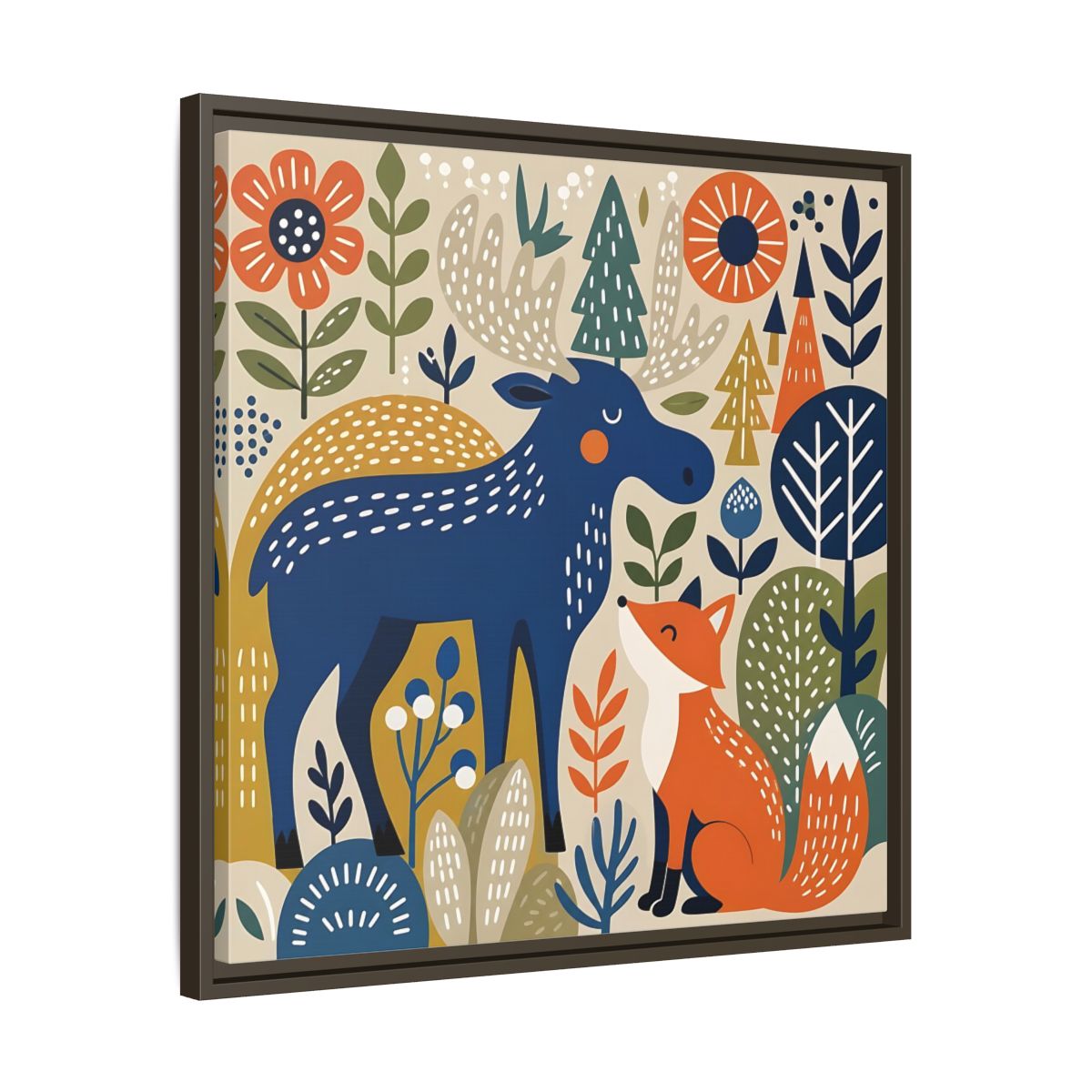 Side Mockup 27. Animals Forest Animals Blue Orange Forest Animals shown as stretched canvas wall art