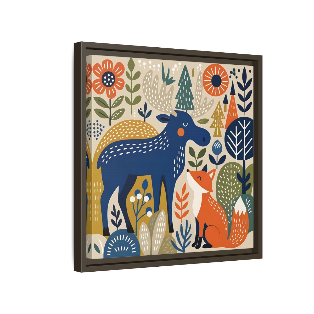 Side Mockup 14. Animals Forest Animals Blue Orange Forest Animals shown as stretched canvas wall art