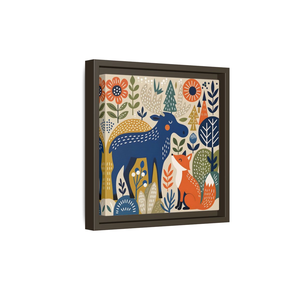 Side Mockup 20. Animals Forest Animals Blue Orange Forest Animals shown as stretched canvas wall art