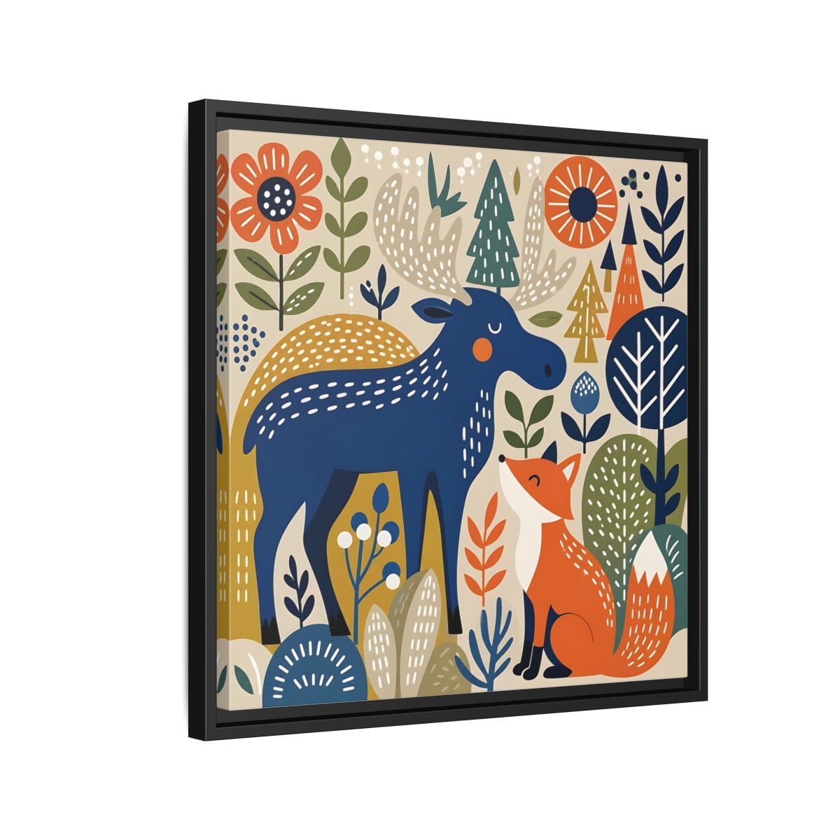 Side Mockup 12. Animals Forest Animals Blue Orange Forest Animals shown as stretched canvas wall art