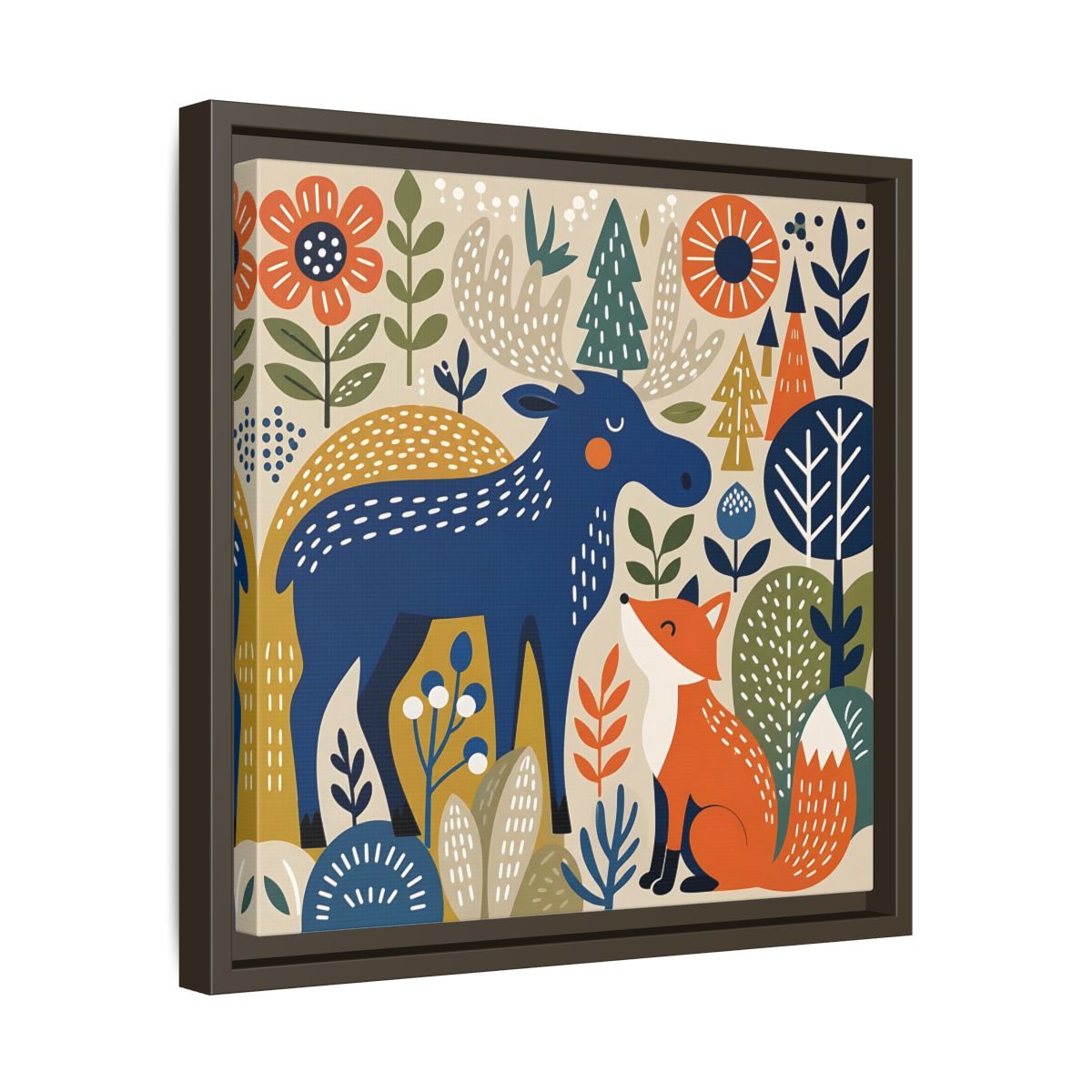 Side Mockup 29. Animals Forest Animals Blue Orange Forest Animals shown as stretched canvas wall art