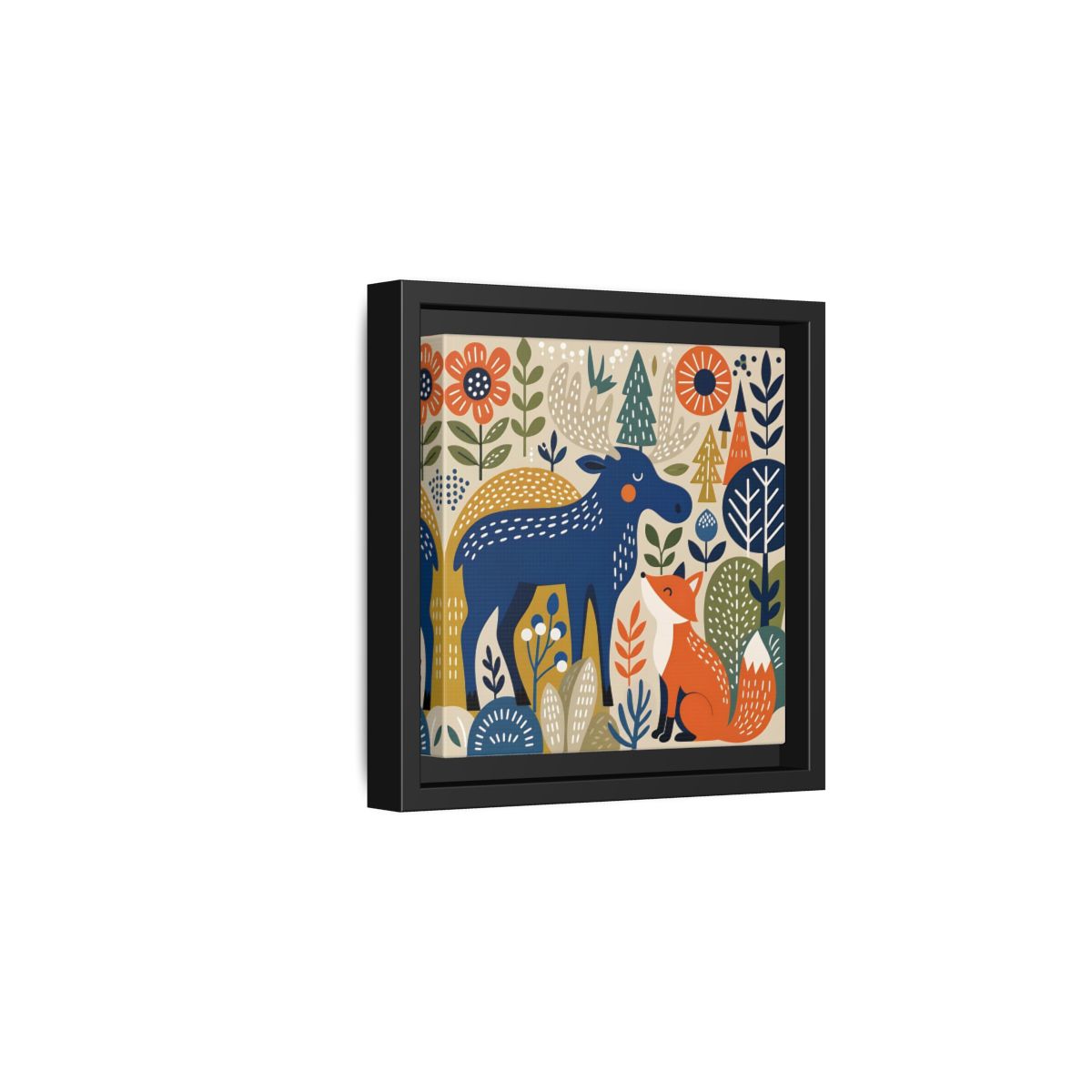 Side Mockup 3. Animals Forest Animals Blue Orange Forest Animals shown as stretched canvas wall art