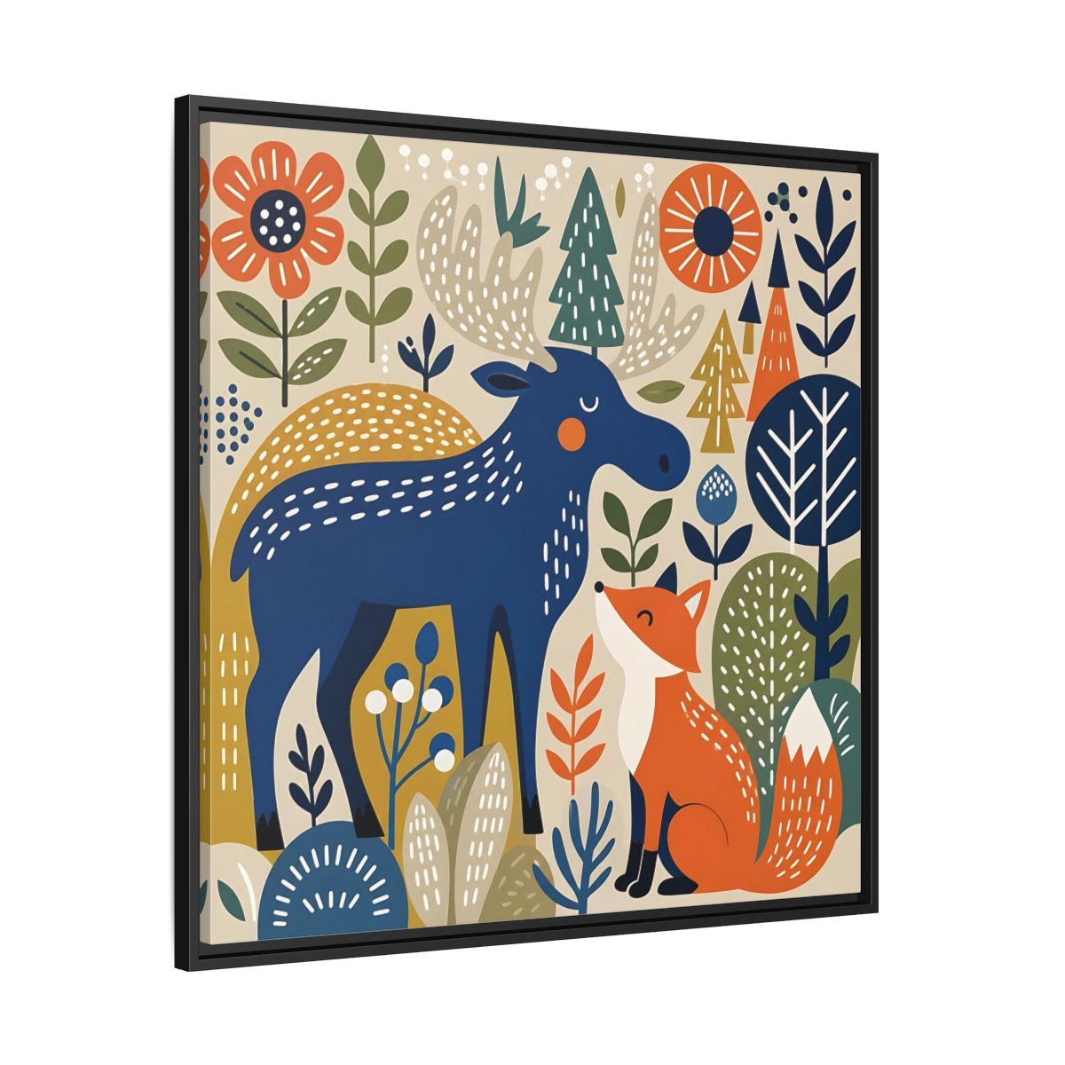 Side Mockup 30. Animals Forest Animals Blue Orange Forest Animals shown as stretched canvas wall art