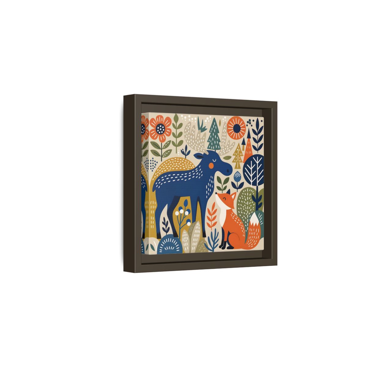 Side Mockup 2. Animals Forest Animals Blue Orange Forest Animals shown as stretched canvas wall art