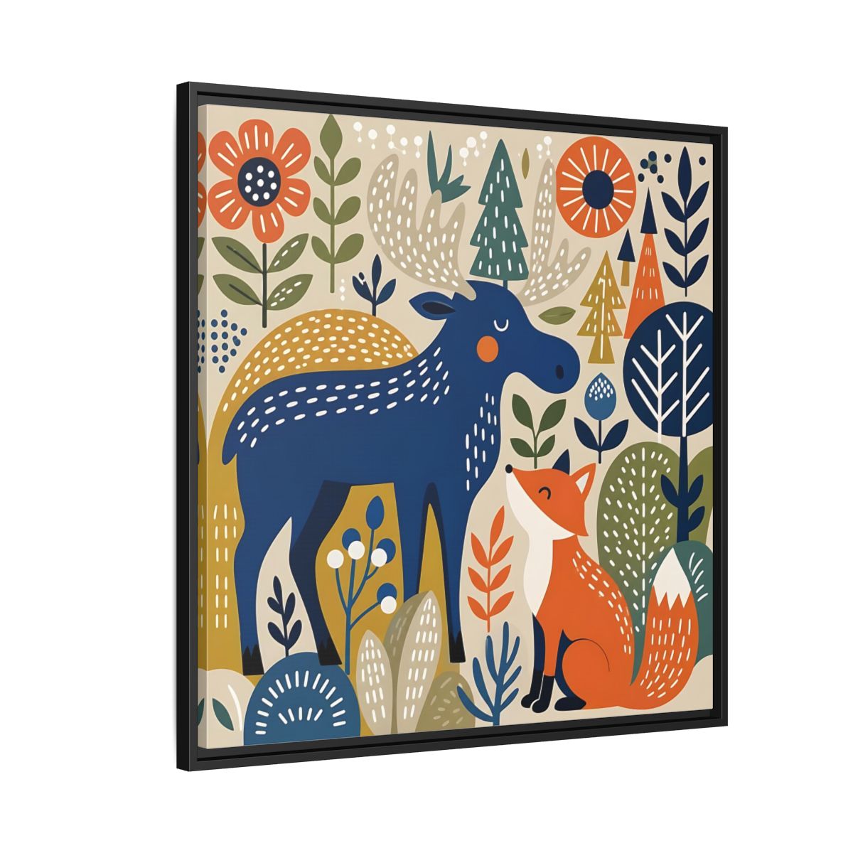 Side Mockup 9. Animals Forest Animals Blue Orange Forest Animals shown as stretched canvas wall art