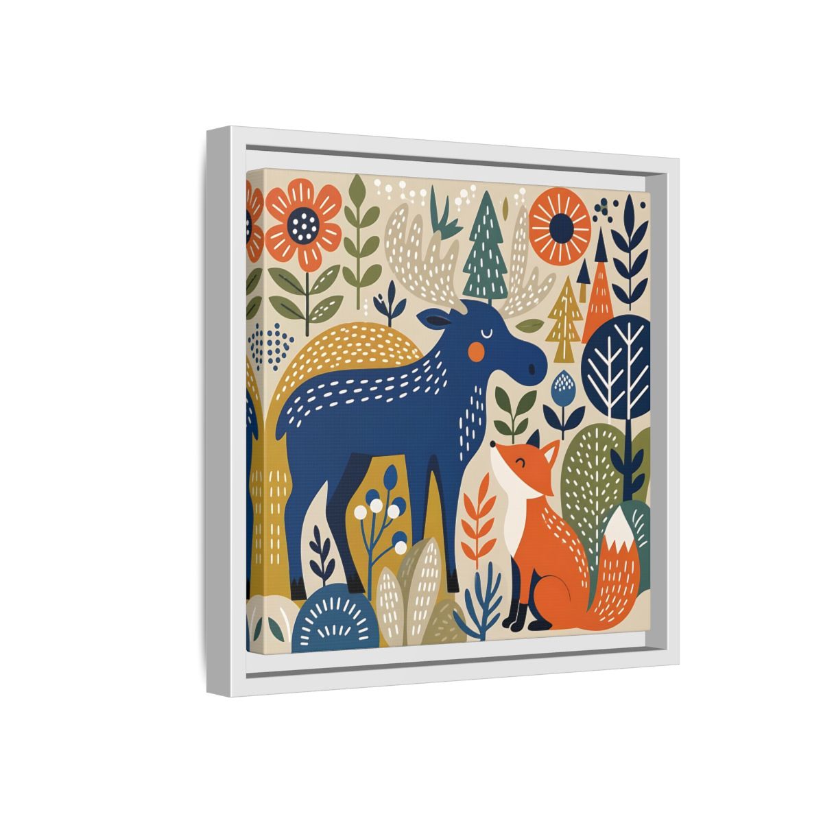Side Mockup 16. Animals Forest Animals Blue Orange Forest Animals shown as stretched canvas wall art
