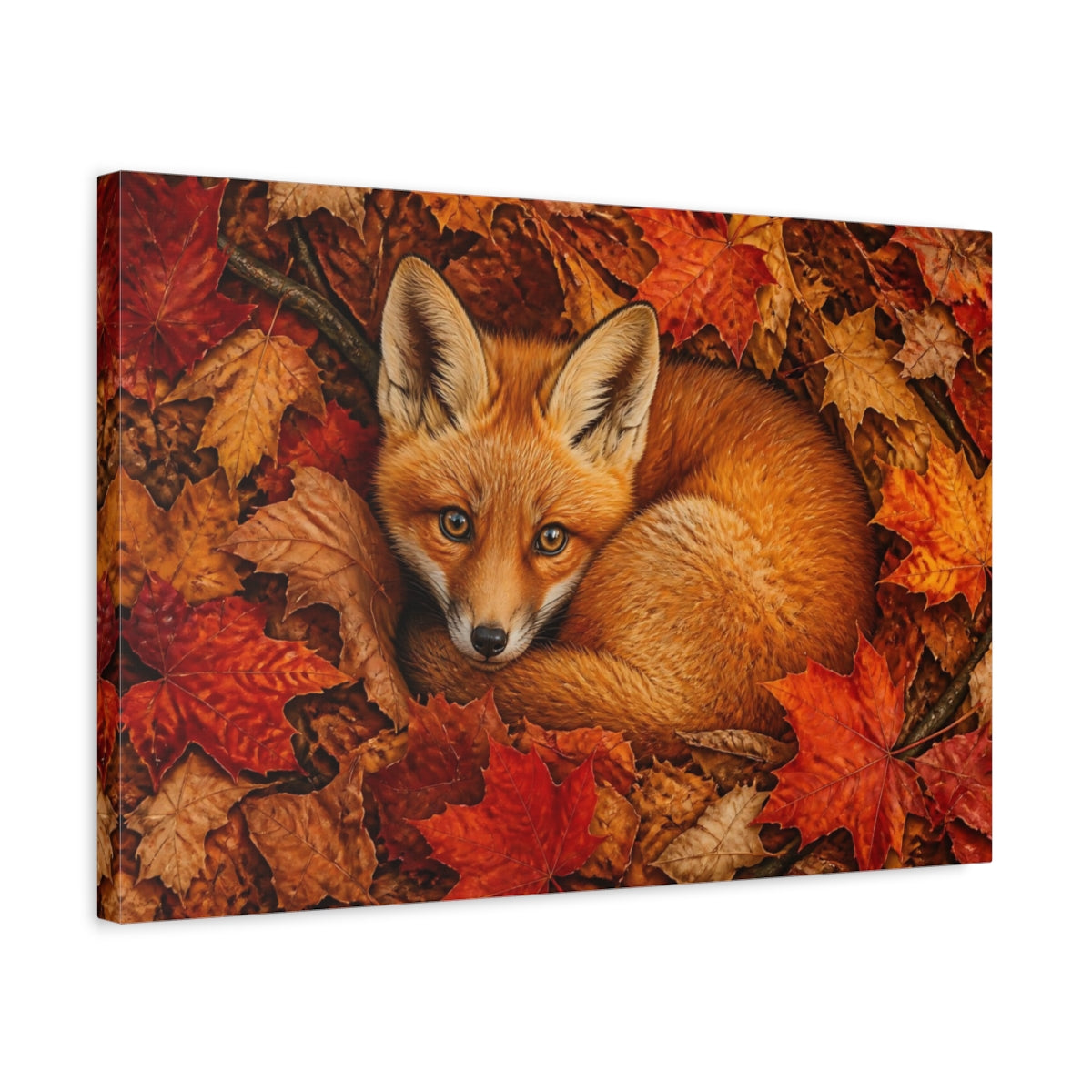 Side Mockup 3. Animals Fox Autumn Fox shown as stretched canvas wall art