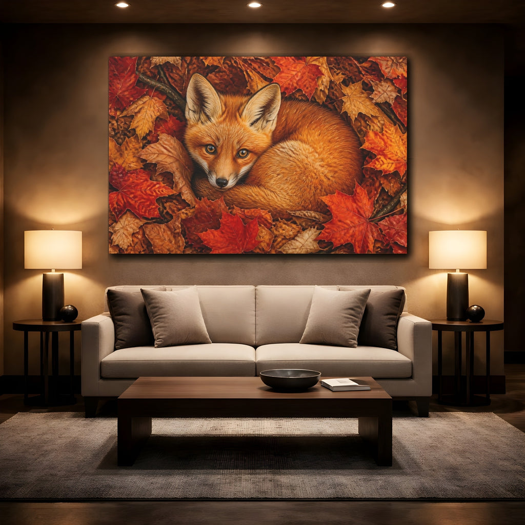 Mockup 2. Animals Fox Autumn Fox shown as stretched canvas wall art