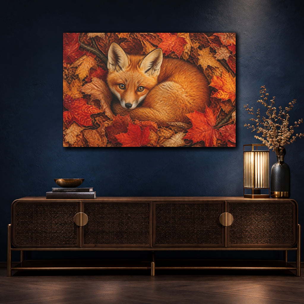 Mockup 4. Animals Fox Autumn Fox shown as stretched canvas wall art