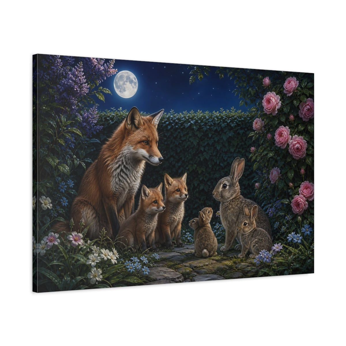 Main Mockup. Animals Foxes And Rabbits Moonlit Wildlife shown as canvas print